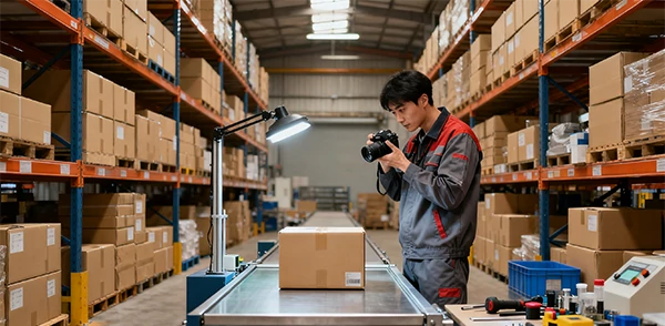 Warehouse staff carefully inspecting products and taking photos for quality control.